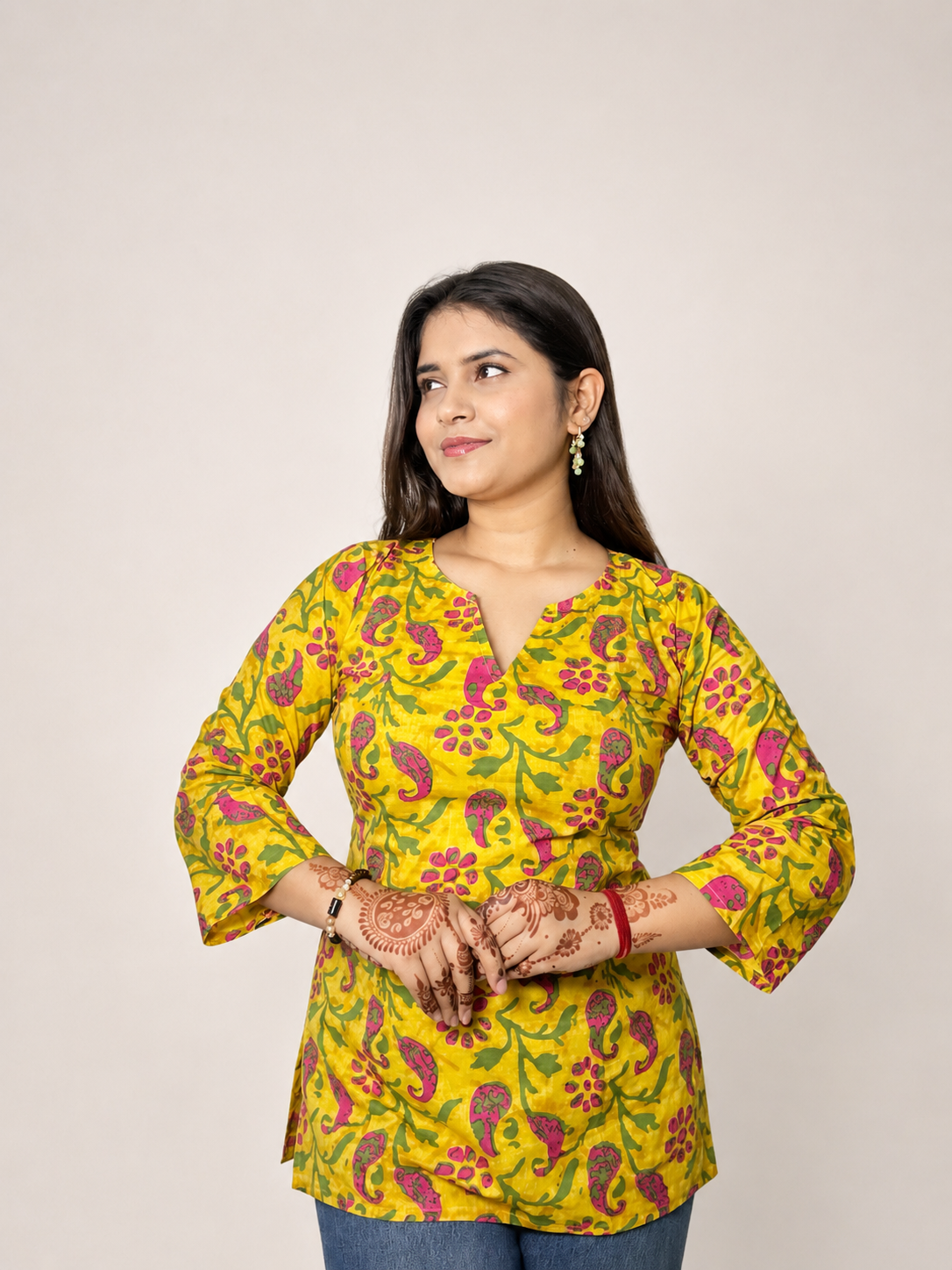 Siya - Yellow V Neck Short Kurti