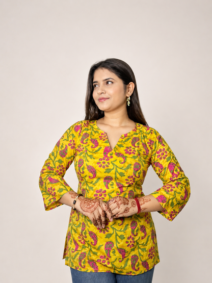 Siya - Yellow V Neck Short Kurti