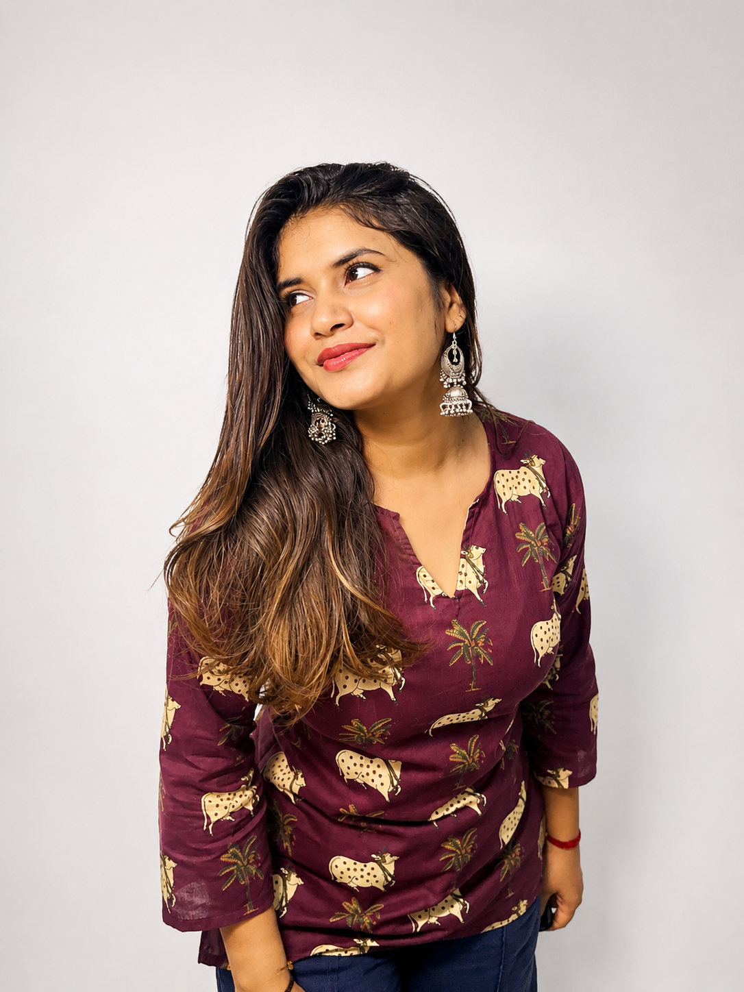 Madhu - Burgundy V Notch Neck short Kurti