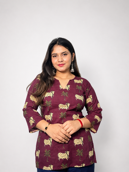 Madhu - Burgundy V Notch Neck short Kurti