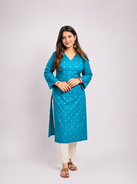 Tamanna - Blue V Neck Long Kurti