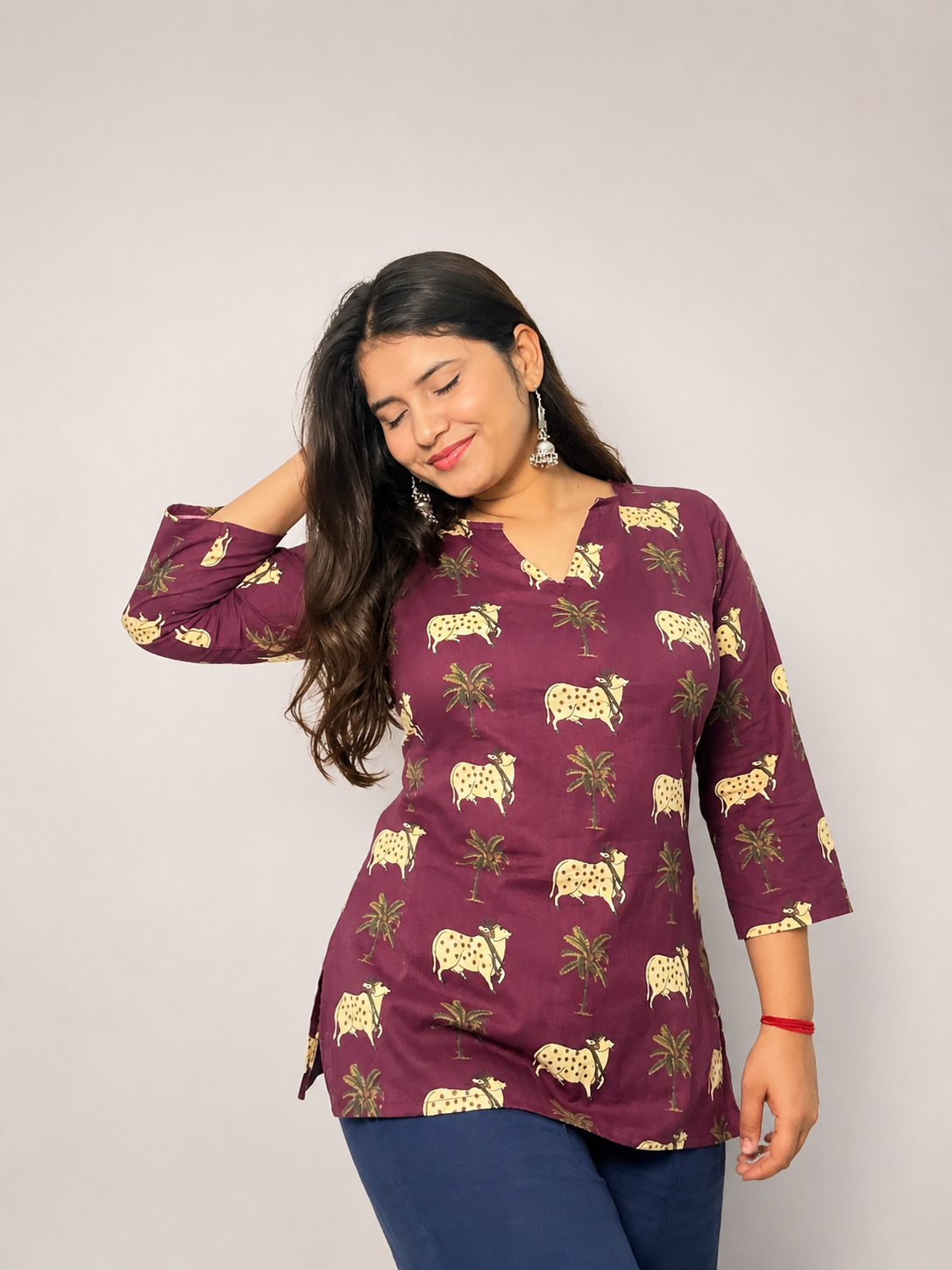 Madhu - Burgundy V Notch Neck short Kurti