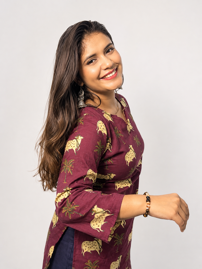 Madhu - Burgundy V Notch Neck short Kurti